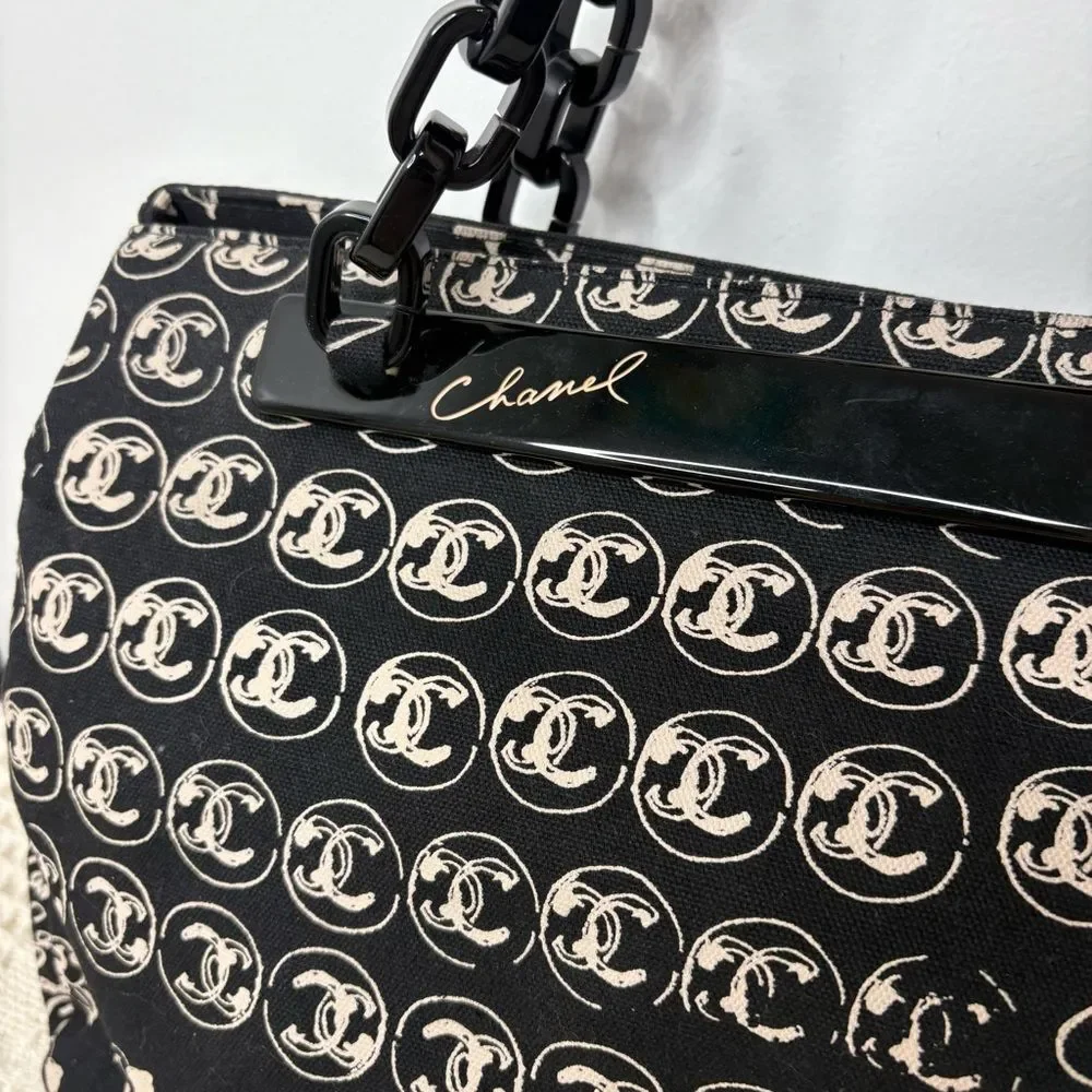 Y2K Vintage CHANEL Canvas Camellia Flower Tote Authentic Acrylic Chain Strap - Picture 5 of 11